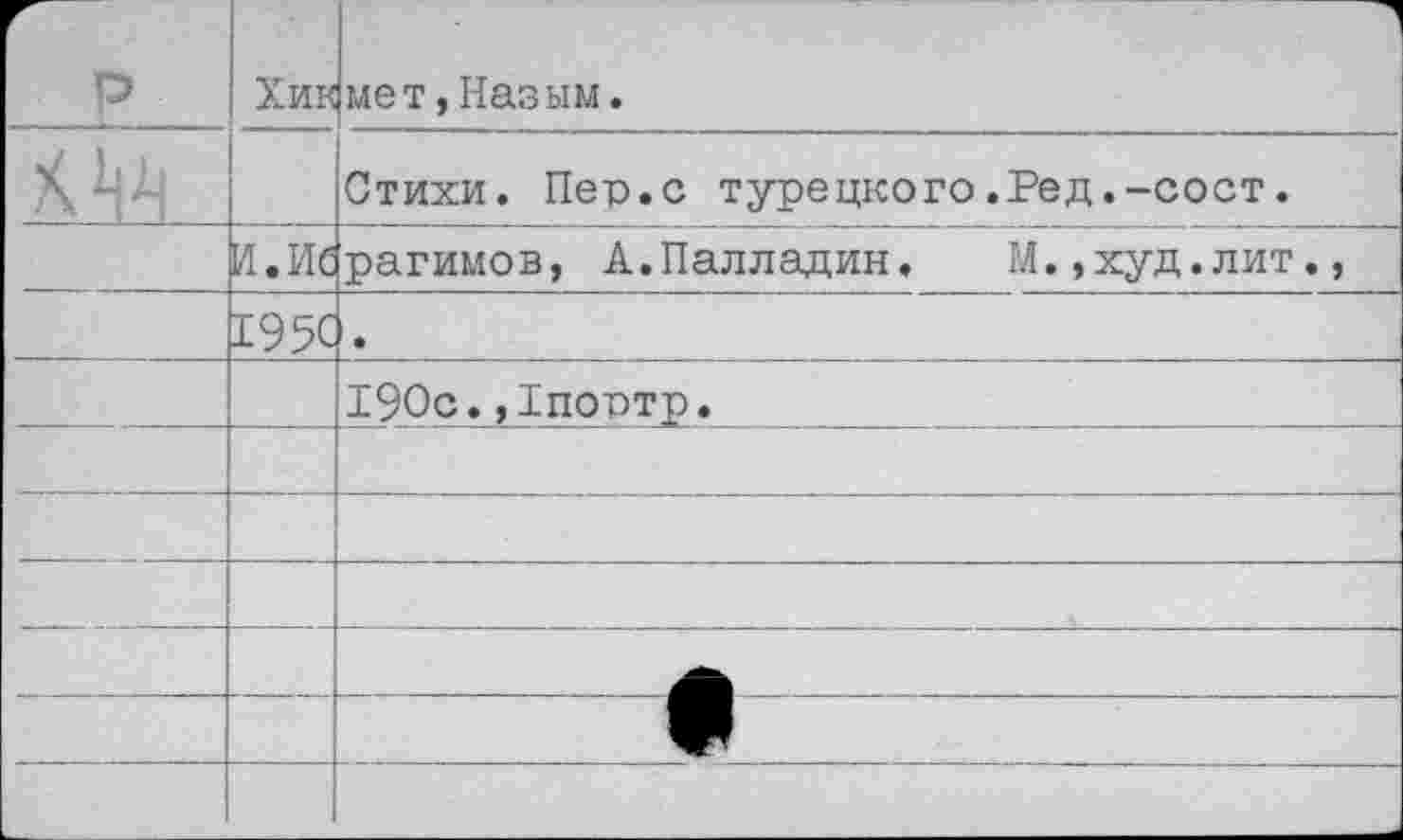 ﻿. р.	Хик	1 мет,Назым.
		Стихи. Пес.с турецкого.Ред.-сост.
	И.ИС	рагимов, А.Палладии,	М.,худ.лит.,
	195С	
		190с.,1поотр.
		
		
		
		
		•
			-	 - —л